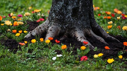 A tree sprouting from fertile soil amidst a meadow full of vibrant blooming flowers