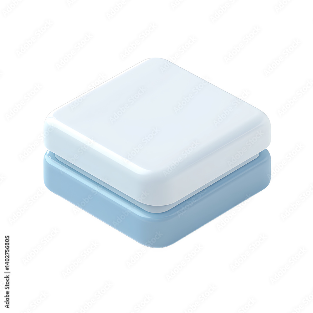 Poster minimalist isometric square buttons stacked in white and pale blue, shiny modern style ui component 