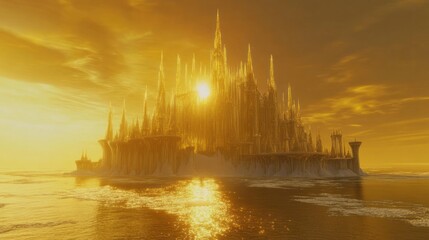 Naklejka premium A golden city rises from water during a brilliant sunset