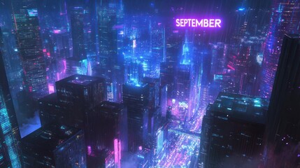 Illuminated futuristic cityscape displaying the month of September in bright lettering