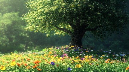 Obraz premium A vibrant tree growing from soil in the middle of a meadow of blooming wildflowers and lush grass