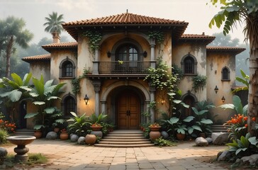 Fototapeta premium A grand, Mediterranean-style villa nestled amidst lush tropical foliage. The aged stucco walls, terracotta roof, and ornate details hint at a rich history. A welcoming entrance leads to the home.