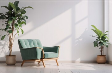 Sunlit room with a teal armchair, wooden legs, and two potted plants. Minimalist, serene atmosphere.  White walls and light wood floors.