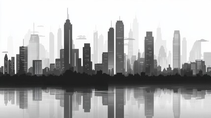 Black and White City Skyline Reflection with Tall Buildings and Minimalist Design Elements