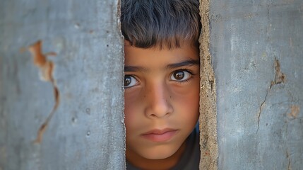 resilient young refugee boy looking through a fence with eyes full of hope and emotion capturing the silent struggle for survival and the humanity within the migrant journey