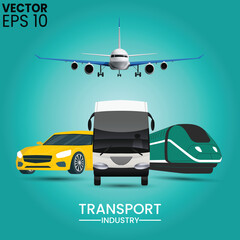 This vector features a flying plane, bus, train, and car, showing multiple transport modes in one scene. Perfect for travel, logistics, and transport-related themes.