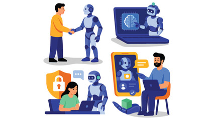 AI and Cybersecurity Concept Machine Learning Artificial Intelligence Robot and Human working together mobile app and internet security