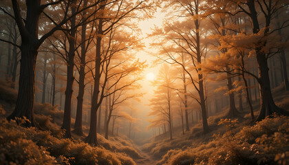 Golden Autumn Forest: Foggy Sunrise Through Bare Trees, Leaf-Covered Path.