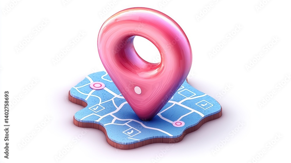 Poster abstract location pointer: 3d render of a pink navigation pin on a stylized map, representing digita