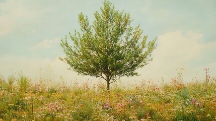 Fototapeta premium A young green tree growing in the center of a meadow filled with blooming wildflowers under a bright sky
