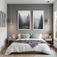 Modern Minimalist Bedroom Interior with Foggy Forest Prints