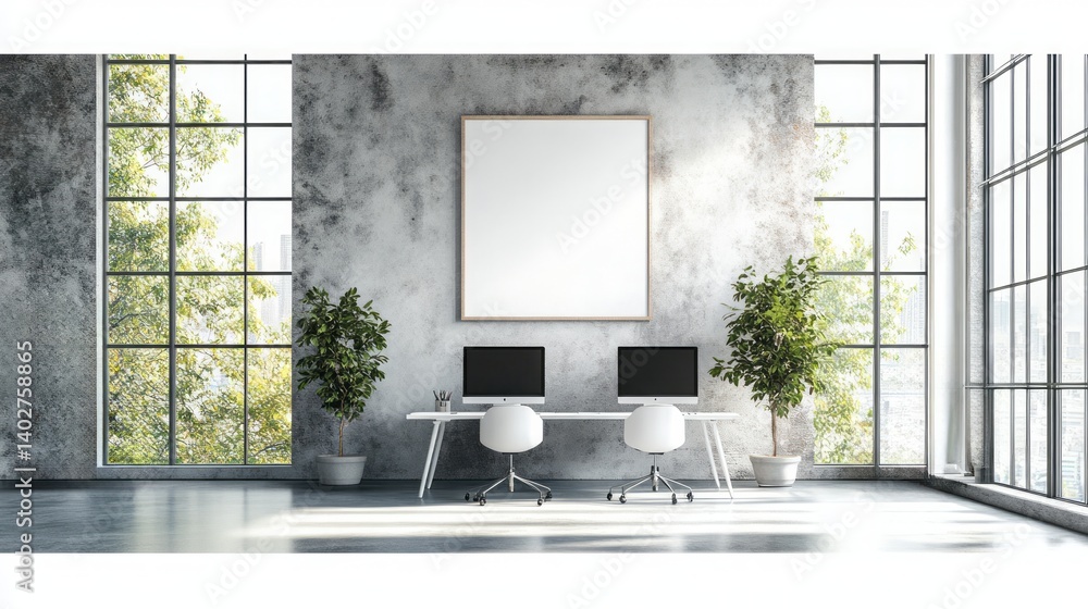 Poster bright office space features desks computers and large windows