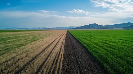 A stark contrast of dried land transitioning into lush green fields symbolizing climate change