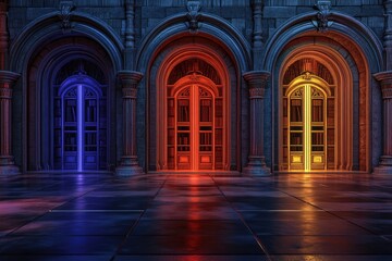 Obraz premium Three illuminated arched doorways in a gothic building, each leading to a bookshelf-lined room.