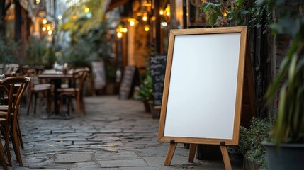 Empty menu board in a cafe alleyway at night