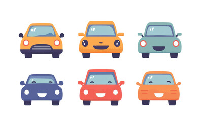 Colorful cartoon cars with happy expressions for creative projects, cut out