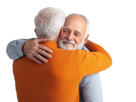 Elderly men share a loving, emotional embrace, cut out