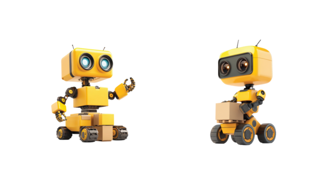 Cute robots with different colors holding boxes 3d illustration