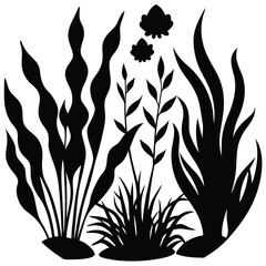 Black and White Aquatic Plants Silhouette: Vector Illustration of Underwater Flora, Seaweed, and Grass for Graphic Design Projects