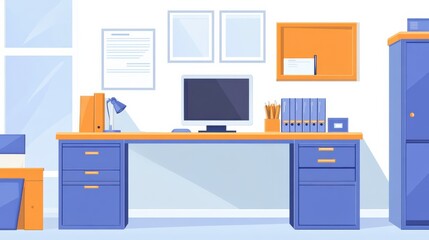 Modern Office Workspace Design with Computer, Desk, Storage, Lamp, and Bright Color Palette