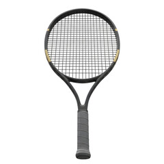 Professional 3D Black Tennis Racket with Textured Grip PNG Cutout.