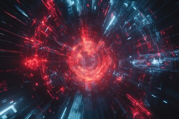 Futuristic abstract design features bright red and blue neon lights