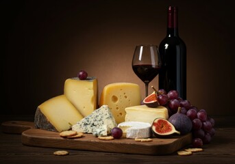 Delicious cheese platter on wooden board with red wine bottle and glass. Gourmet assortment with grape and fig for national wine day background, holiday celebration.