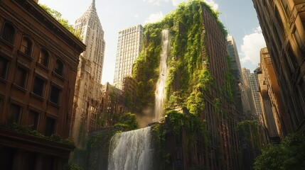 A post apocalyptic city features waterfalls and overgrown buildings