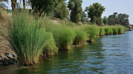 A close-up of the papyrus plant growing along the edge of the Nile River, with tall green stalks swaying gently in the breeze 