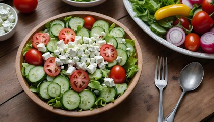 Fresh Greek Salad in Wooden Bowl