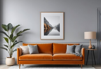 Orange Velvet Sofa in Modern Living Room with Landscape Artwork