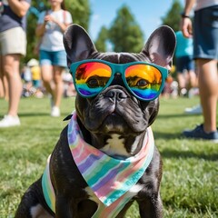 French Bulldog in Rainbow Sunglasses at a Festival
