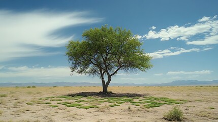 Fototapeta premium A tree standing tall as green patches emerge from dry ground symbolizing ecological change