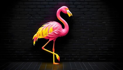 Neon Flamingo against Brick Wall