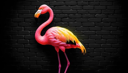 Pink Flamingo Against Black Brick Wall