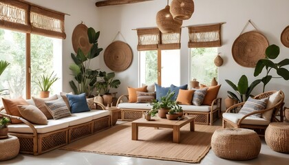 Bohemian Rattan Living Room Interior