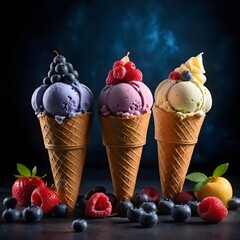 Three Delicious Ice Cream Cones with Fresh Berries