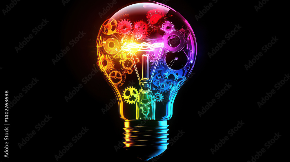 Poster glowing lightbulb with colorful gears and digital elements represents innovation and creativity in t