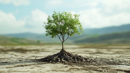 A single tree's roots drawing green life from the barren earth