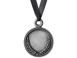 Celebrate achievement with a silver medal on a black ribbon, cut out
