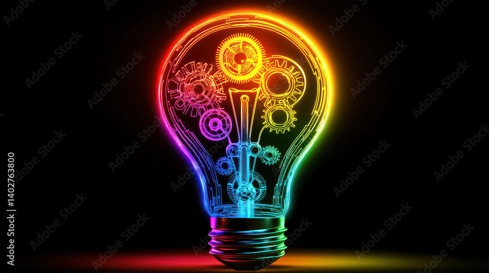 Aufkleber glowing lightbulb with colorful gears and digital elements representing the fusion of ideas and tech