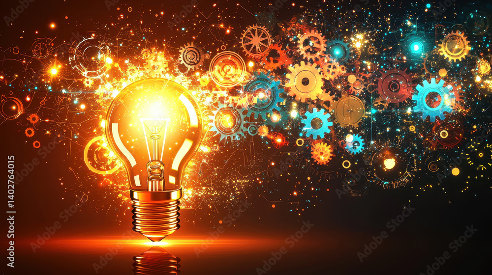 Aufkleber glowing lightbulb surrounded by colorful gears and abstract digital elements representing the fusion
