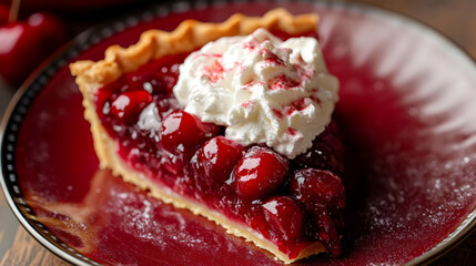 Slice of Cherry Pie with Whipped Cream on a Decorative Red Plate Garnished with Powdered Sugar Sweet Dessert with a Golden Crust Studio Shot