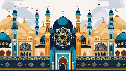 Beautiful Eid Mubarak Card Design with Lanterns and Mosques