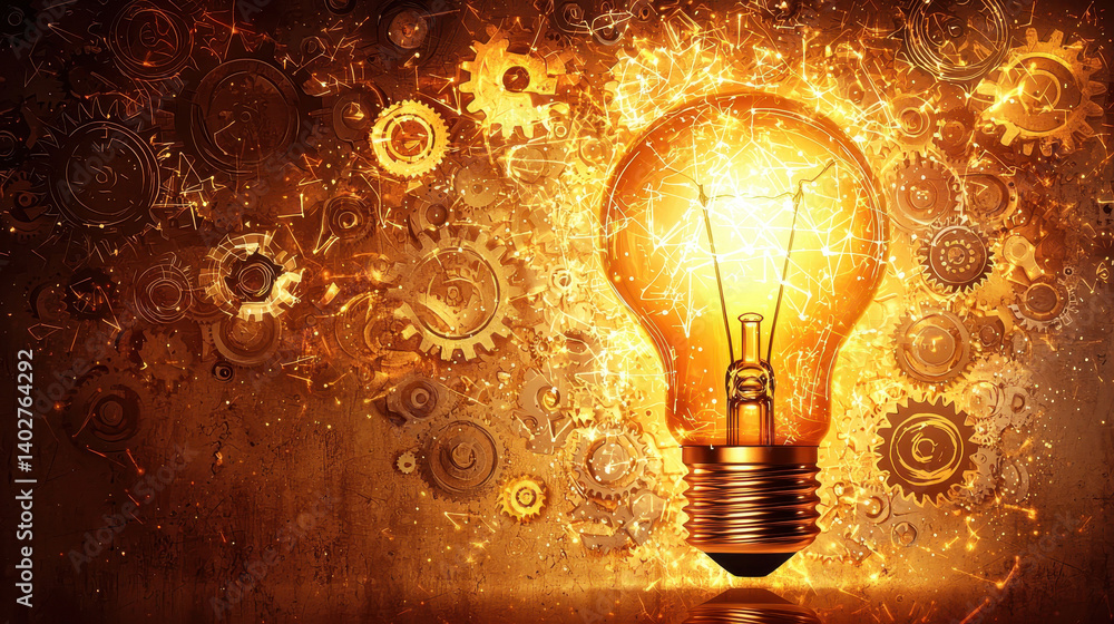 Poster glowing lightbulb surrounded by floating gears representing innovation and the birth of new ideas in