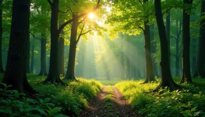 Obraz premium Panorama of a forest with sunlight filtering through the trees, trees, day