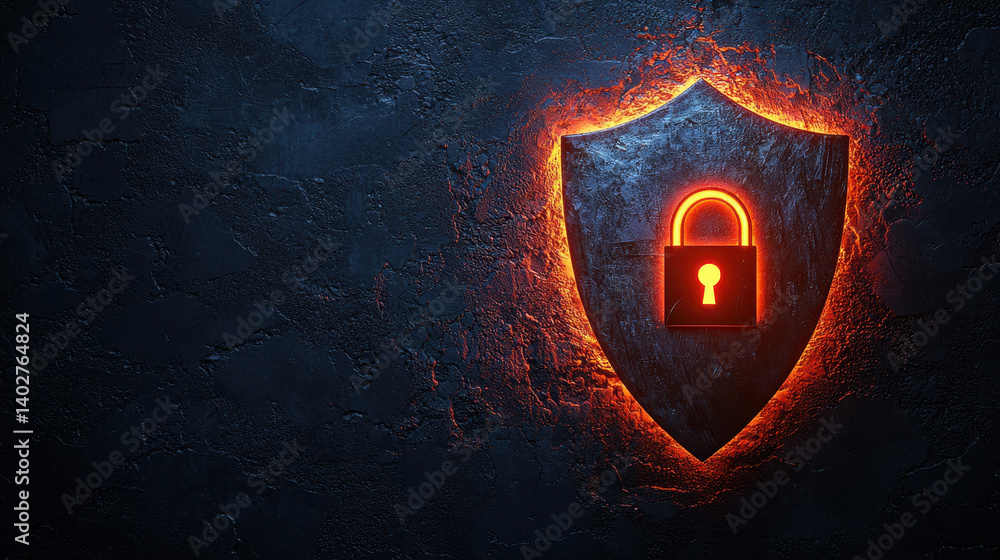 Poster glowing shield with digital lock icon represents strong defense against cyber threats in a minimalis