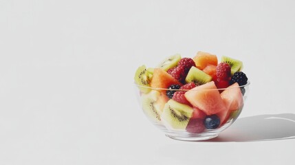 Fresh and Vibrant Fruit Salad with Kiwi, Watermelon, Raspberries, and Blackberries in Clear Bowl