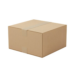 Sealed 3D Brown Cardboard Delivery Box with Taped Top PNG Cutout.