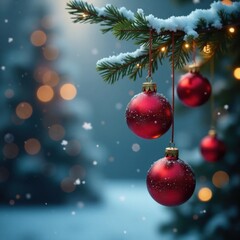 Winter Wonderland Scene With Hanging Glass Ornaments On A Wooden Tree Branch, tree, ornaments, winter